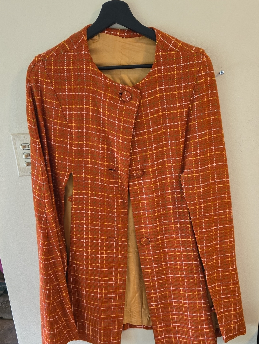Vintage 1960s Plaid Cape Coat | Handmade Rust Orange & Mustard Yellow Wool